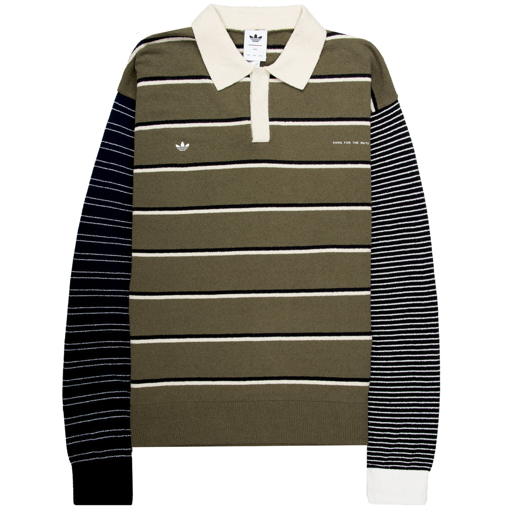Adidas striped long-sleeve shirt with a white collar on a white background
