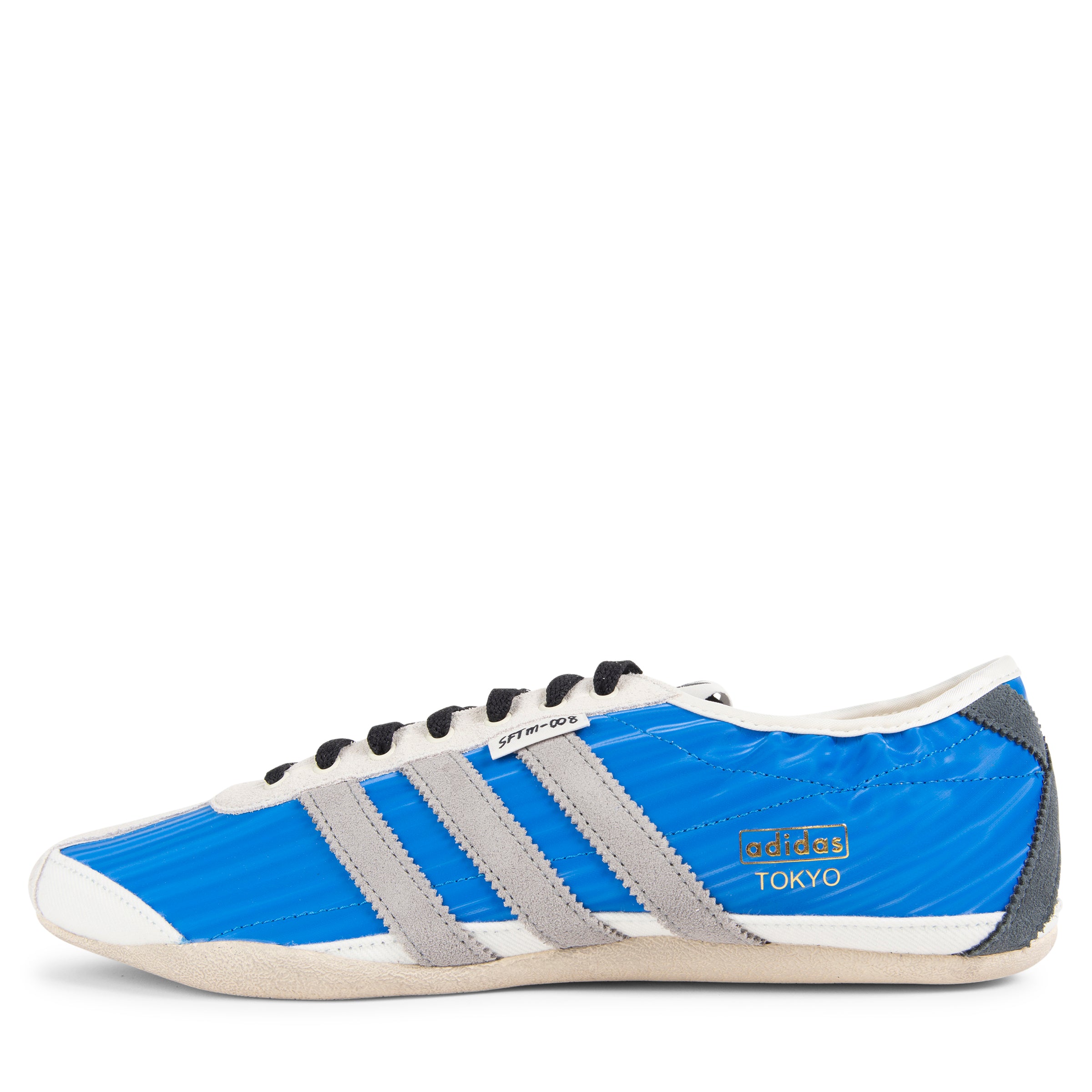 Blue and gray Adidas sneaker on a white background