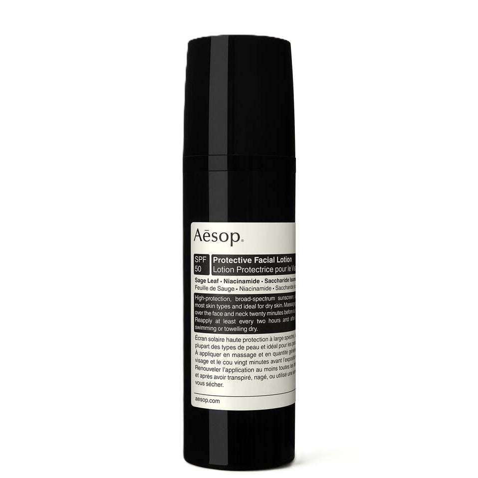 Aesop protective facial lotion bottle on a white background