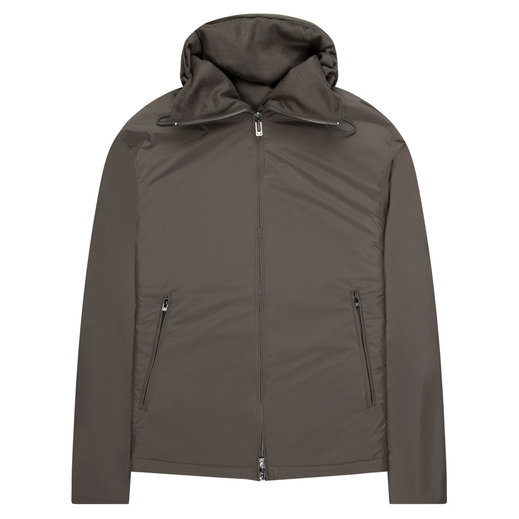 Dark gray jacket with a hood on a white background