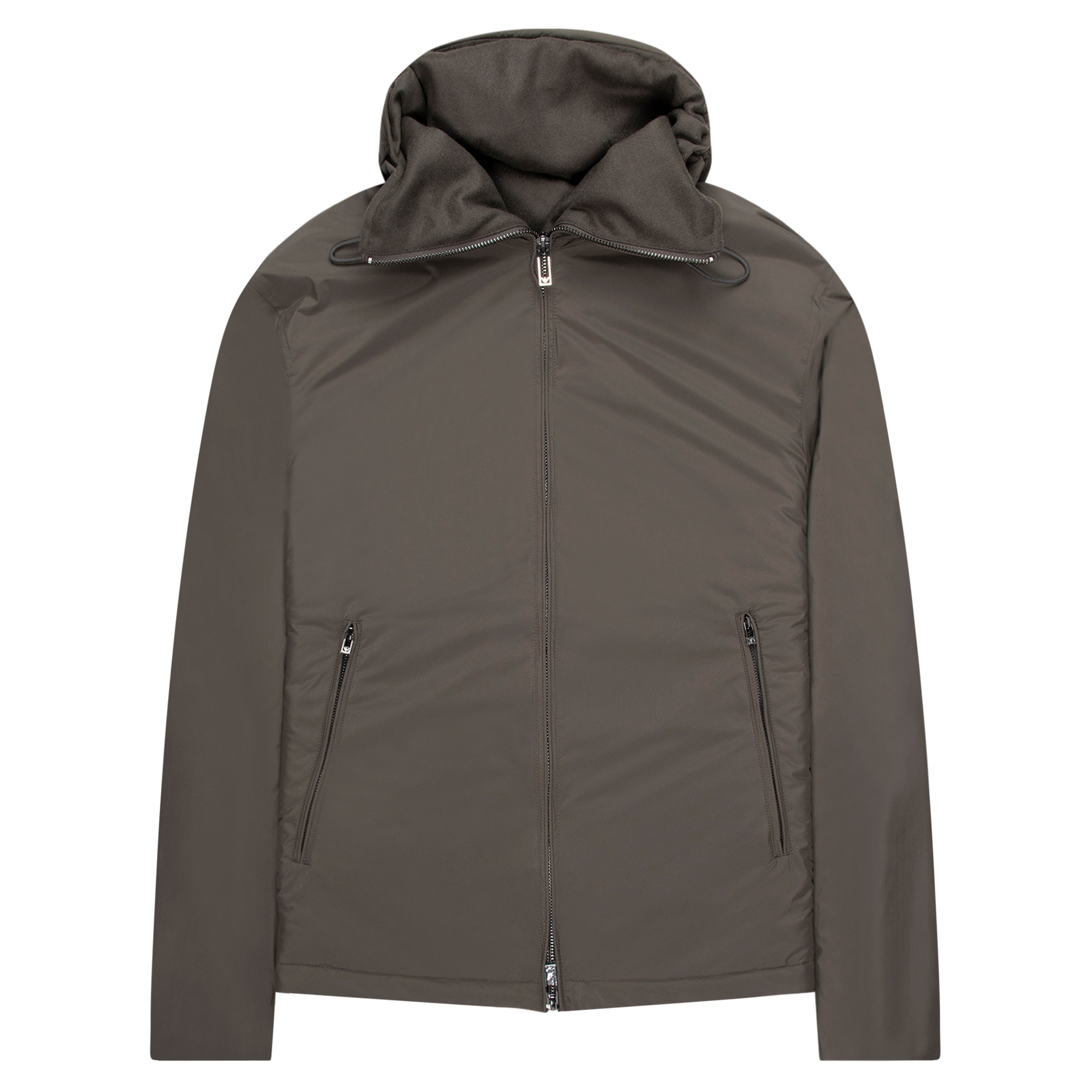 Dark gray jacket with a hood on a white background