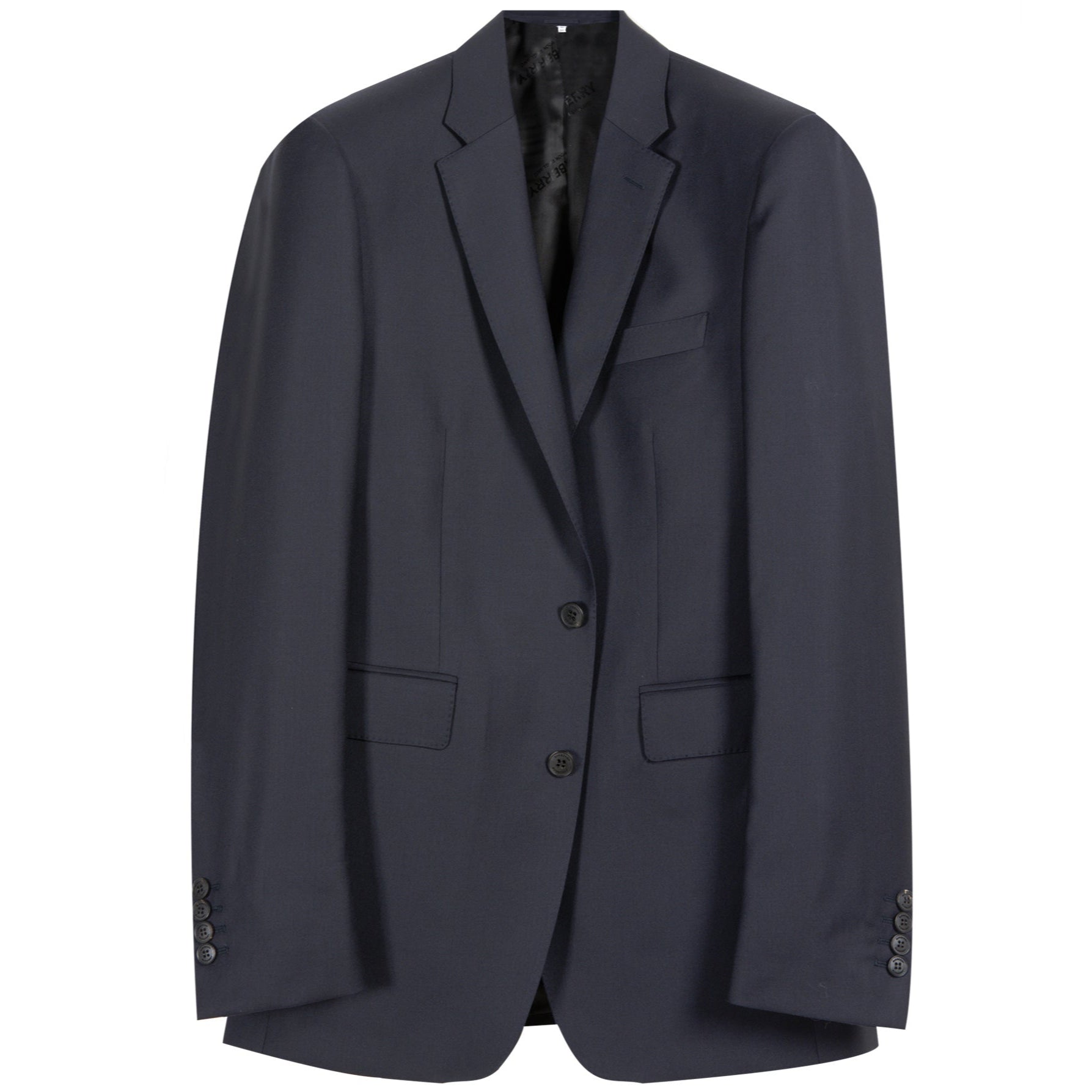 A classic navy wool suit by Burberry, consisting of a single-breasted jacket with horn buttons and regular-rise trousers with unfinished hems.