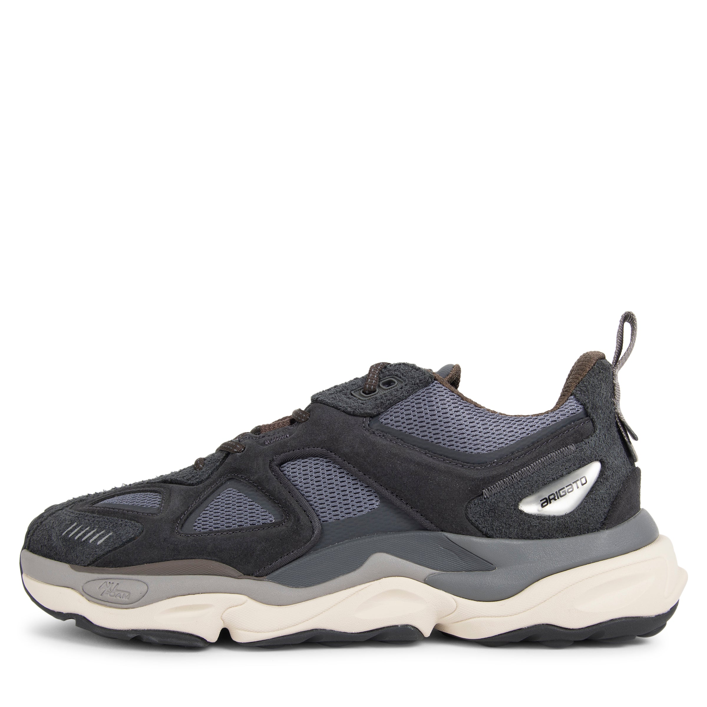 Axel Arigato Satellite Runner trainers in black and grey with layered technical panels, chunky sole and retro-running silhouette