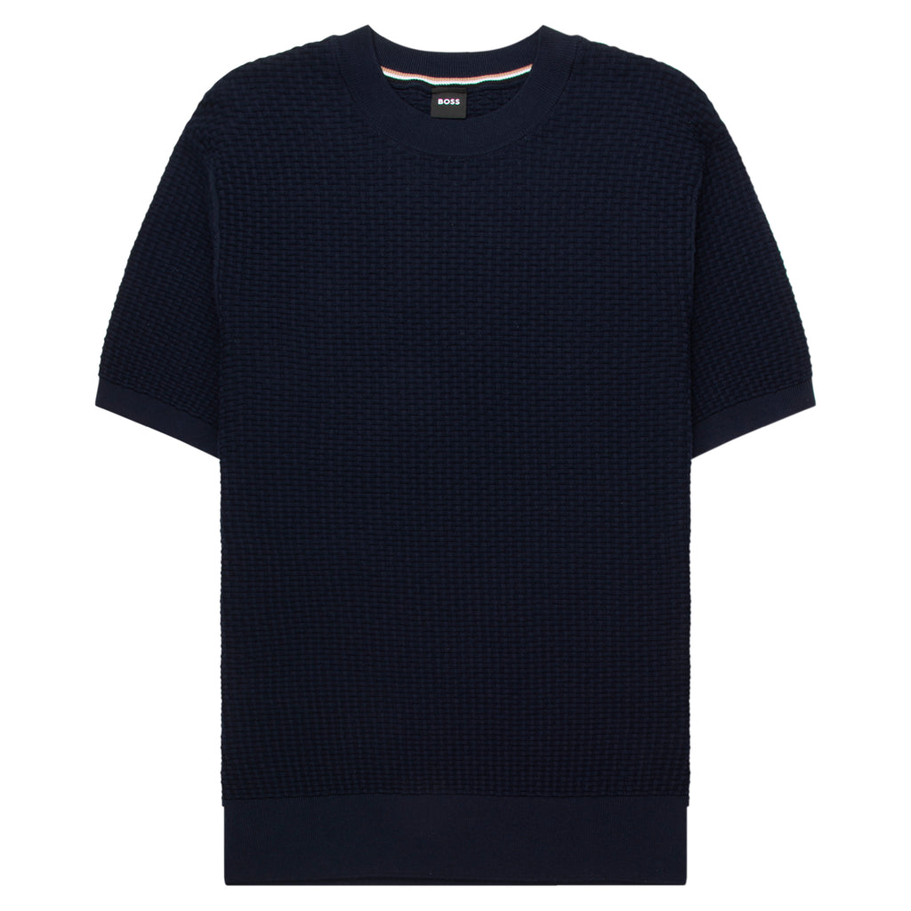 Navy blue short-sleeve sweater on a white background