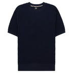 Navy blue short-sleeve sweater on a white background