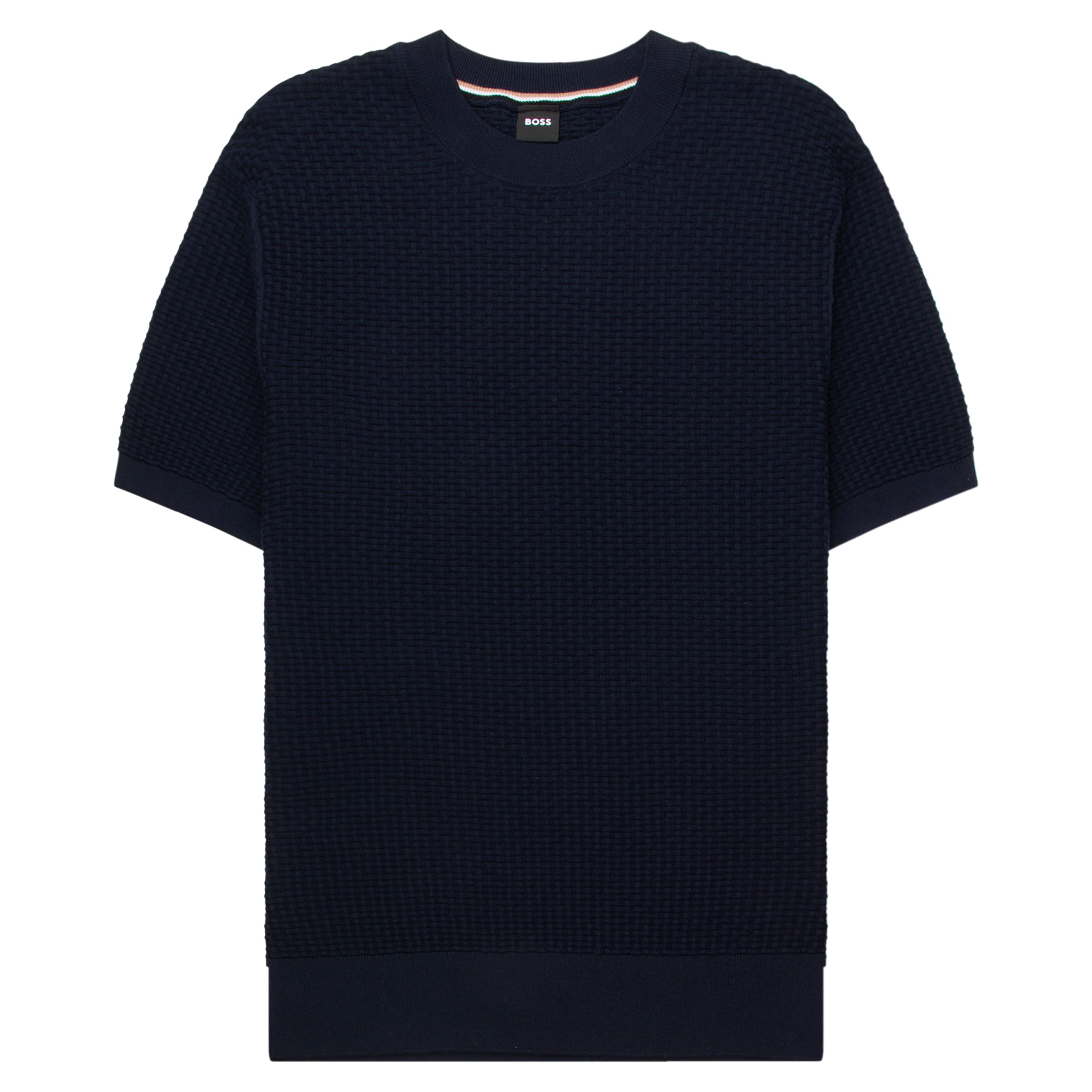 Navy blue short-sleeve sweater on a white background