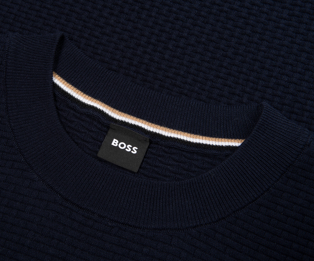 Close-up of a navy sweater with a visible Boss label