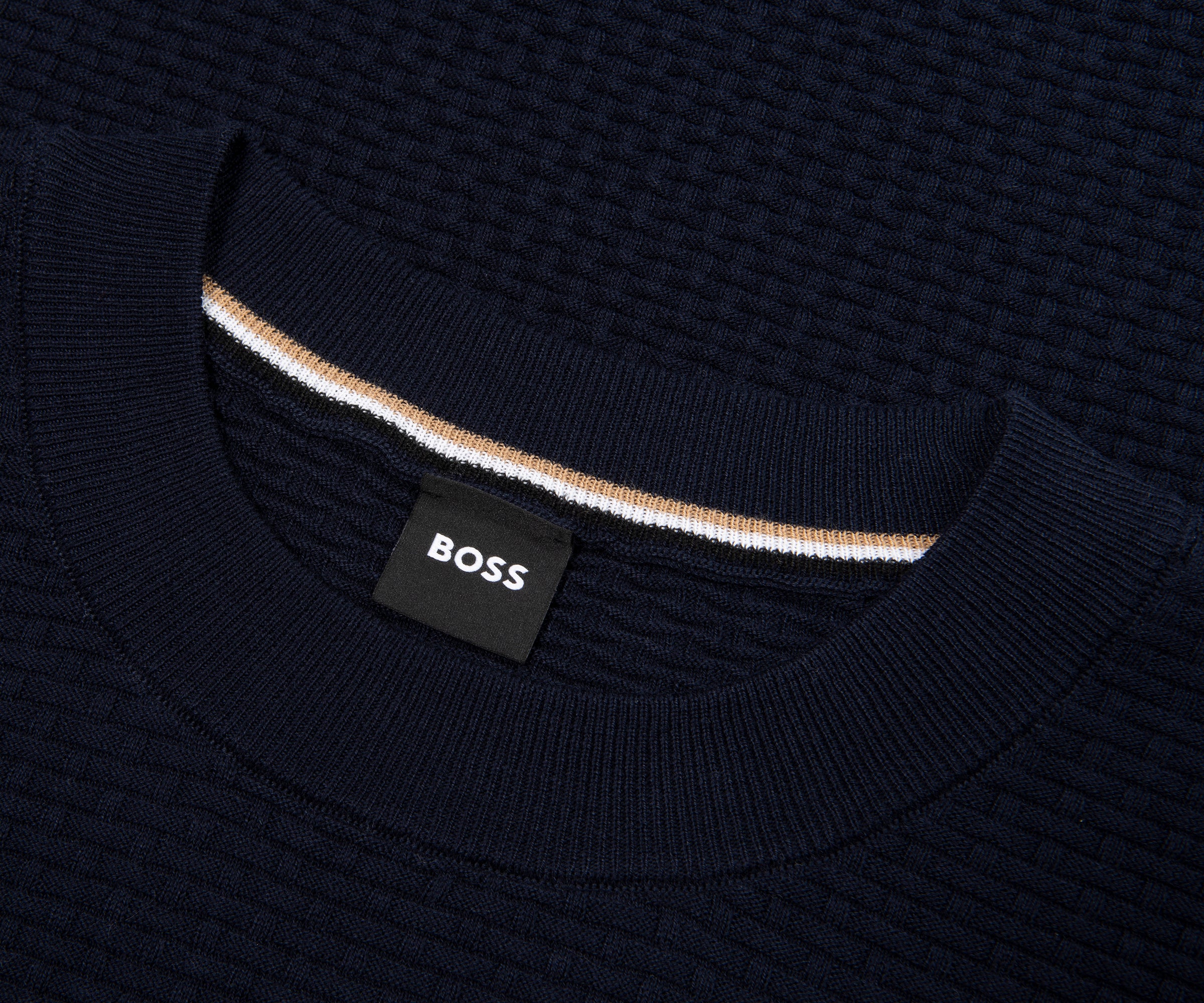 Close-up of a navy sweater with a visible Boss label