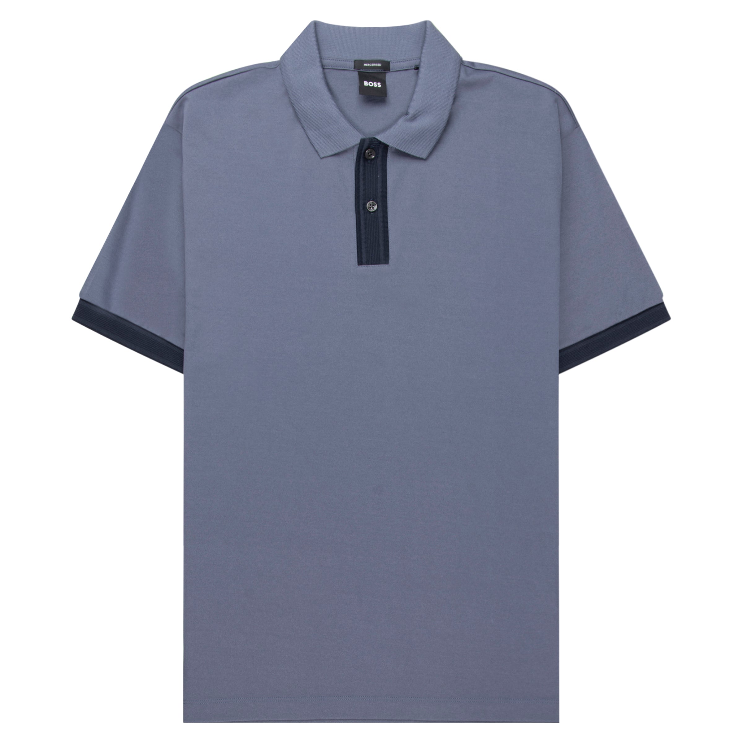 Gray polo shirt with black trim on a white background
