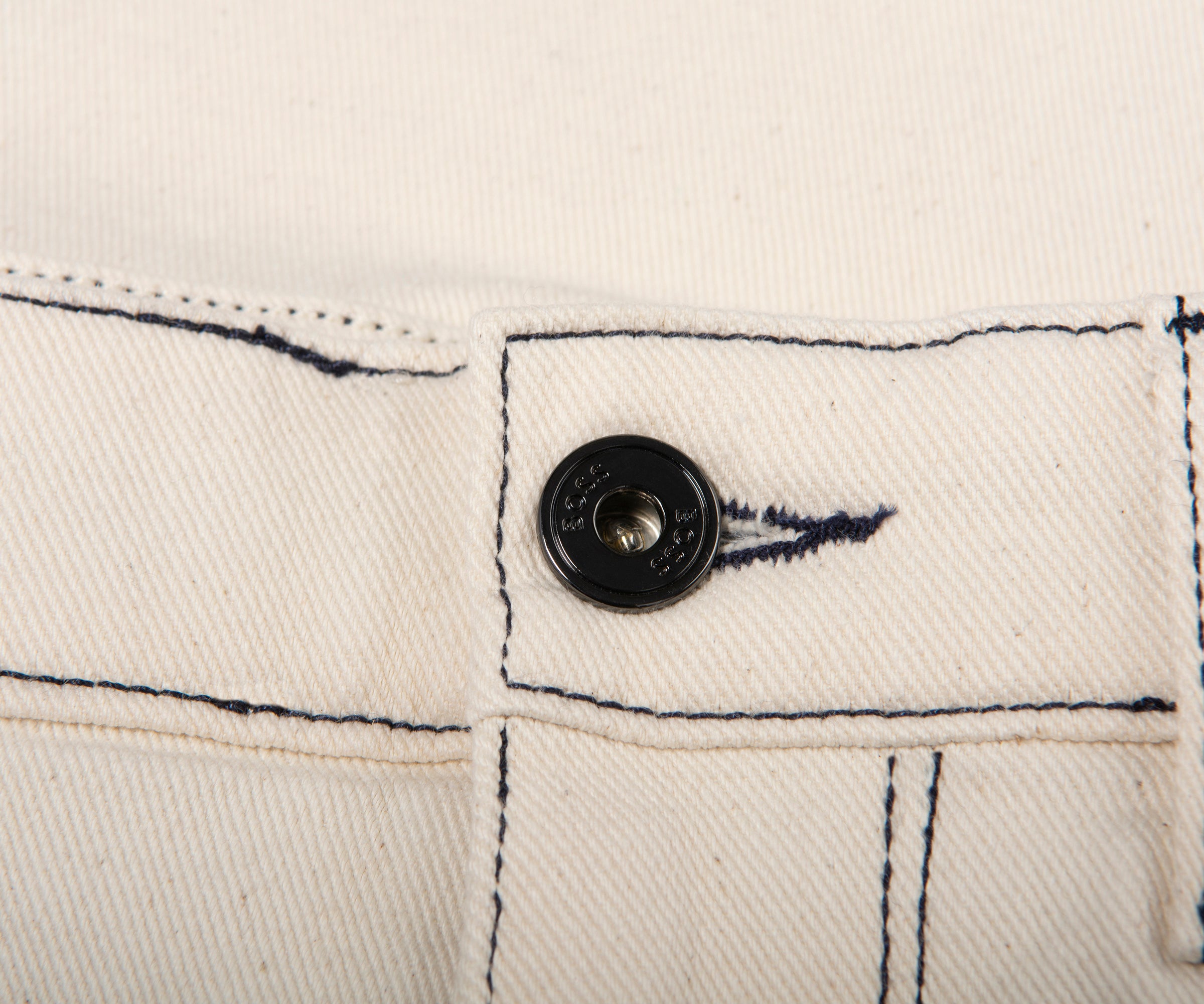 Close-up of a button on a white fabric with black stitching