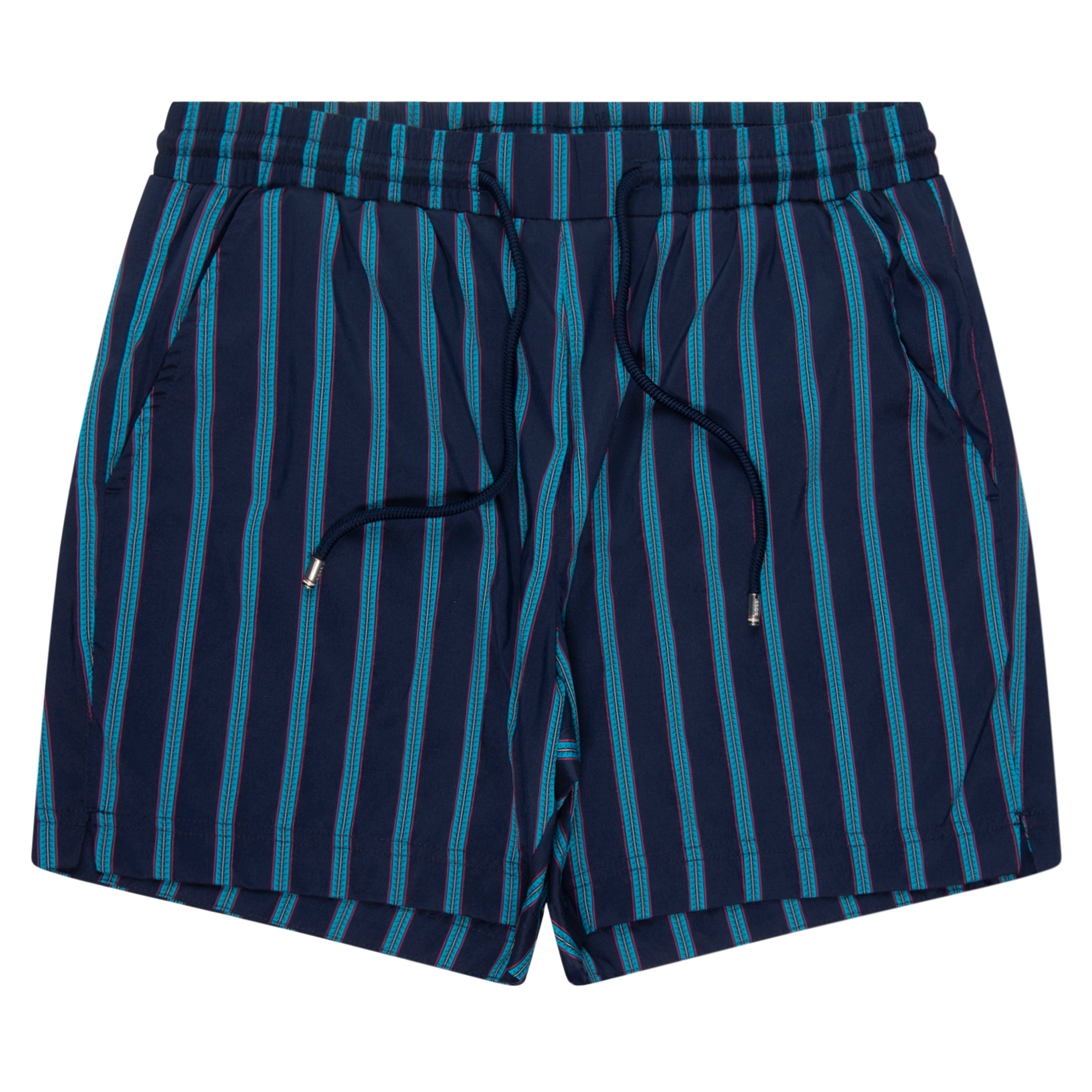 Navy blue shorts with thin white stripes