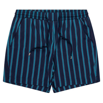 Navy blue shorts with thin white stripes