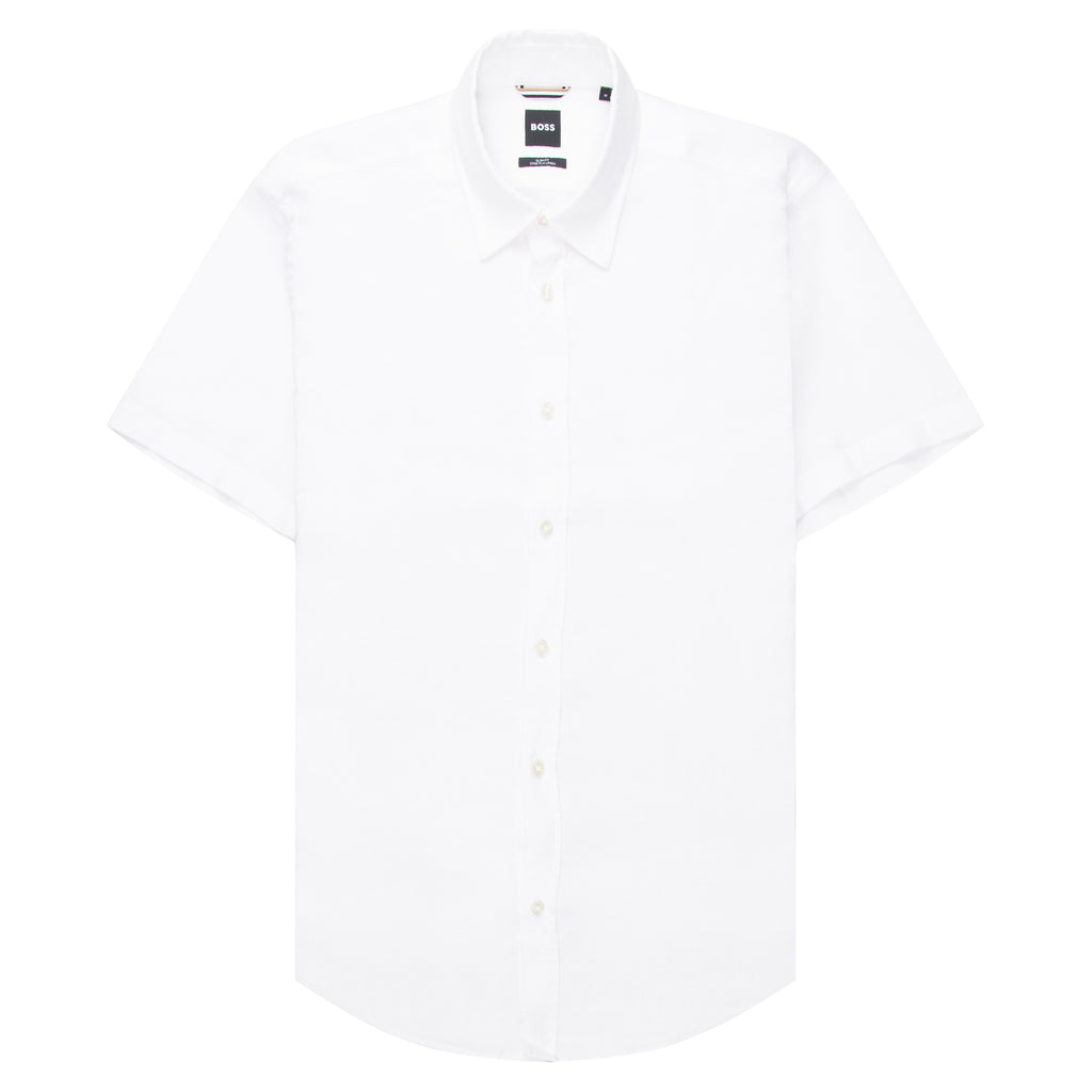 White shirt on a white background with Hugo Boss label.