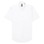 White shirt on a white background with Hugo Boss label.