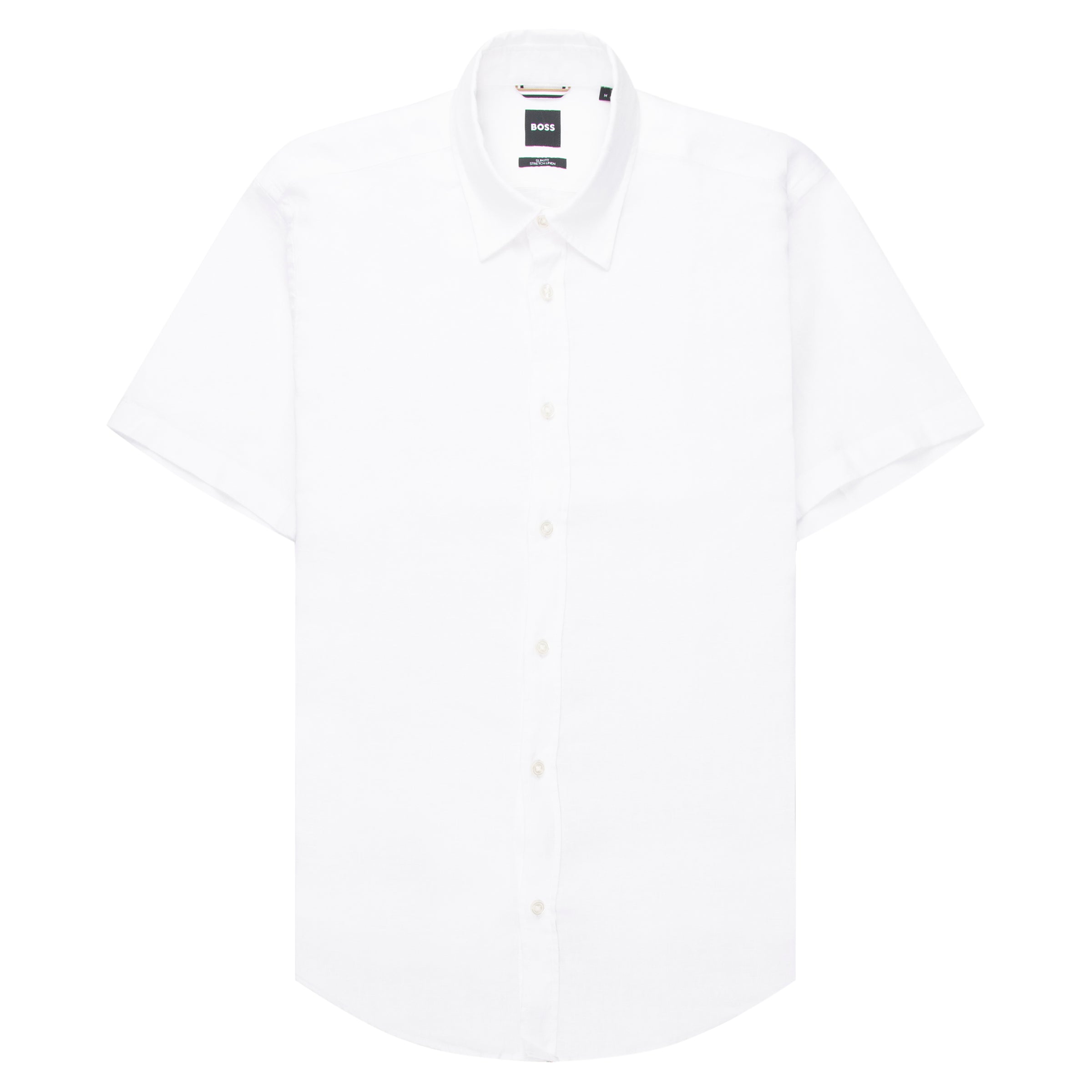White shirt on a white background with Hugo Boss label.