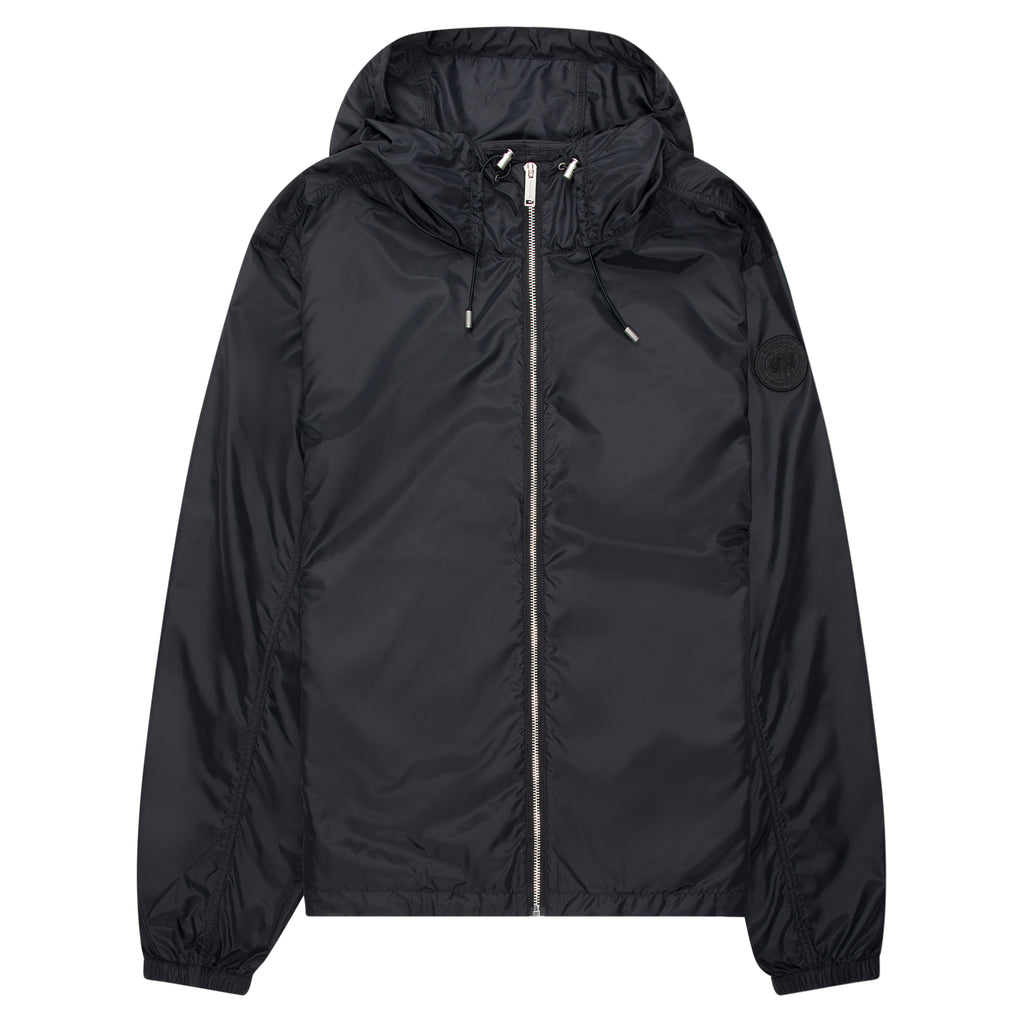 Black jacket with a hood on a white background