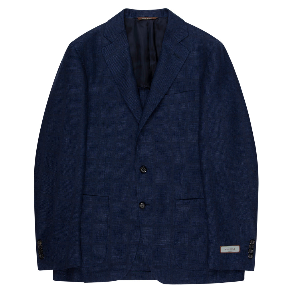 A navy shadow check unlined single-breasted blazer with patch pockets, made of linen and wool, by Canali.