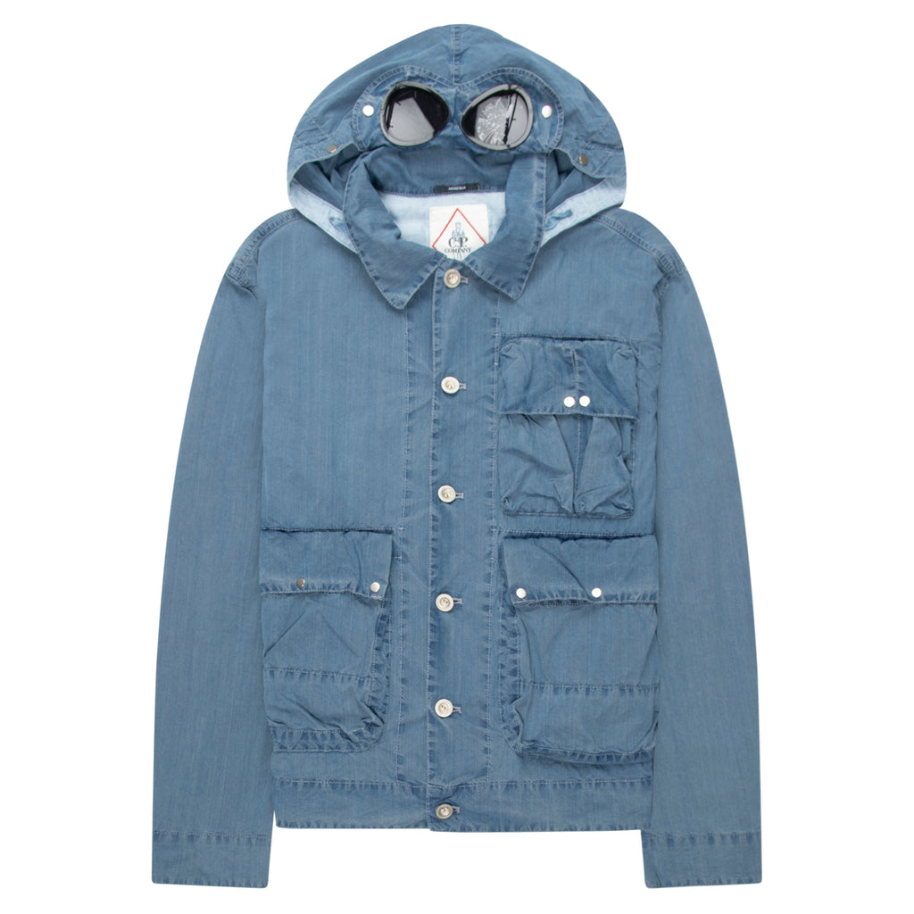 Blue denim jacket with a hood on a white background