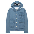 Blue denim jacket with a hood on a white background