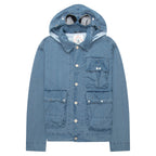 Blue denim jacket with a hood on a white background