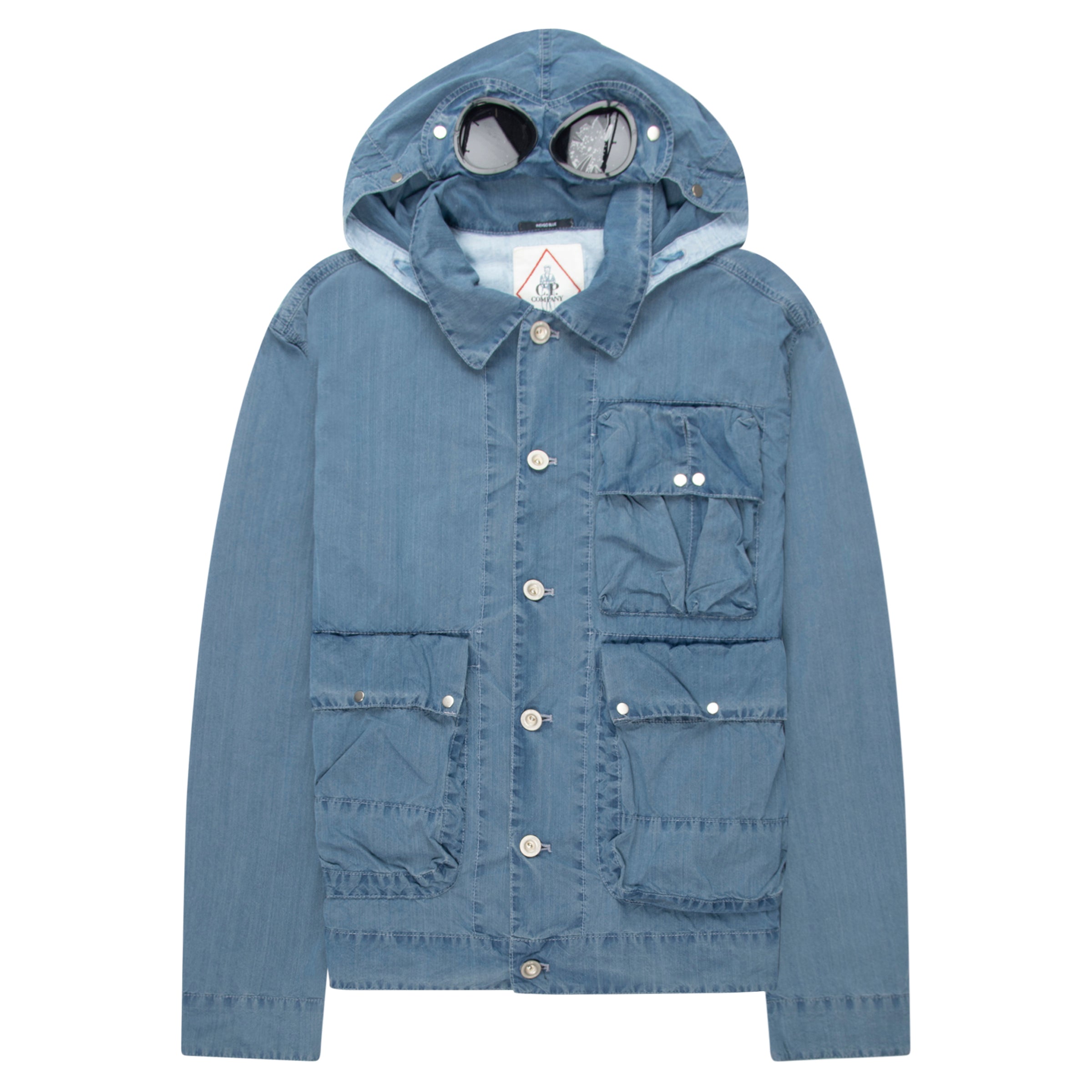 Blue denim jacket with a hood on a white background