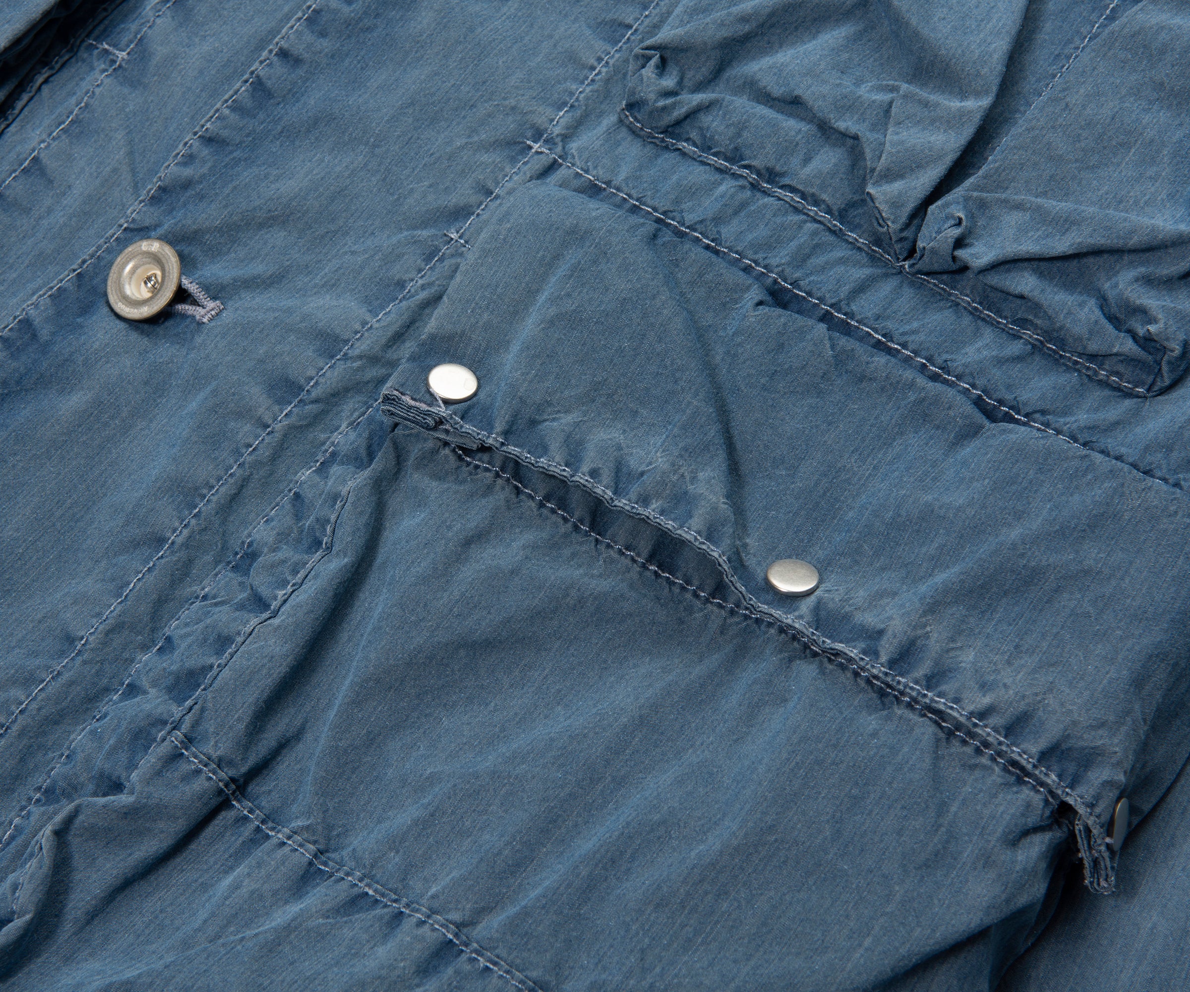 Close-up of a blue denim shirt with button details