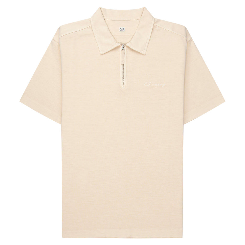 Beige polo shirt with a quarter zip on a white background
