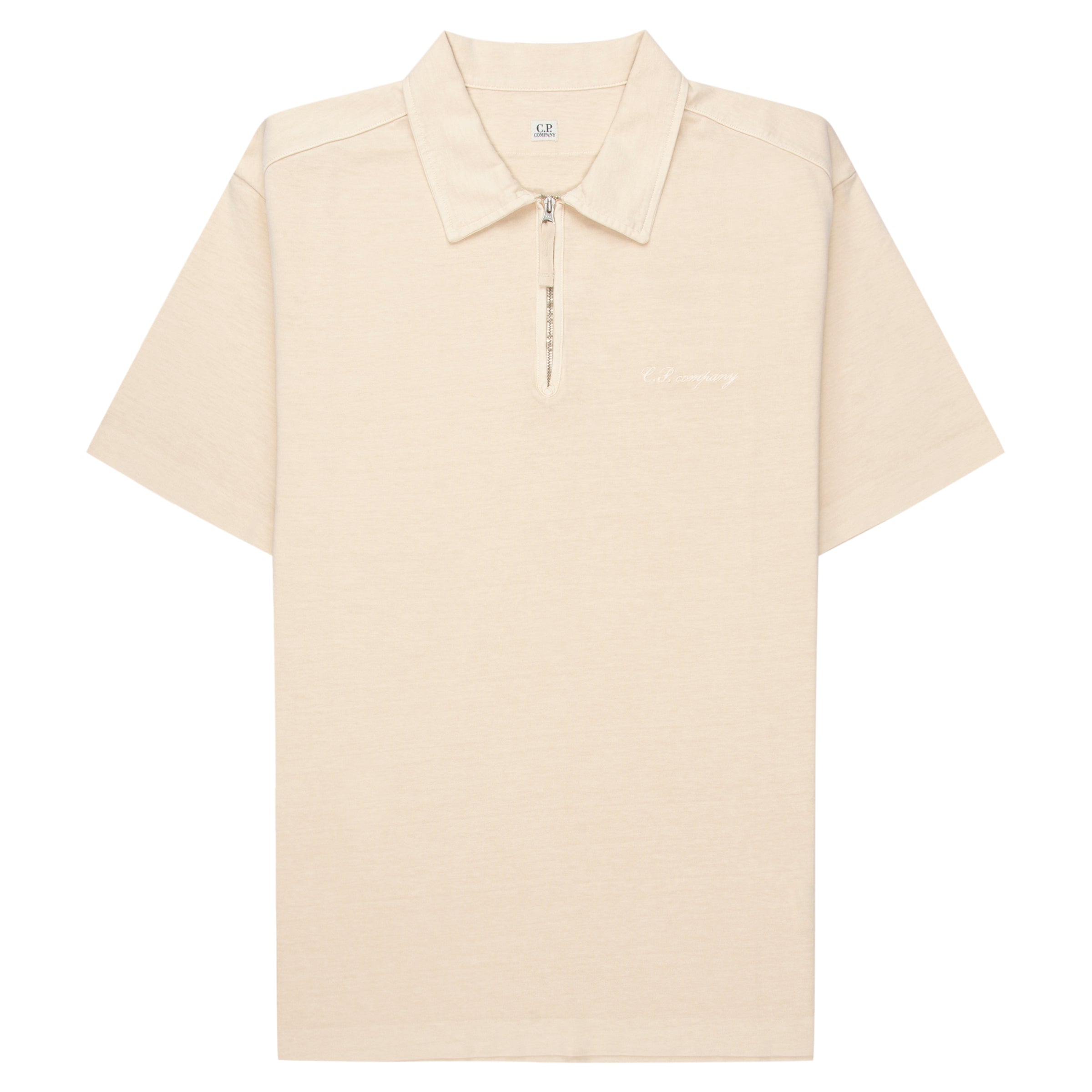Beige polo shirt with a quarter zip on a white background