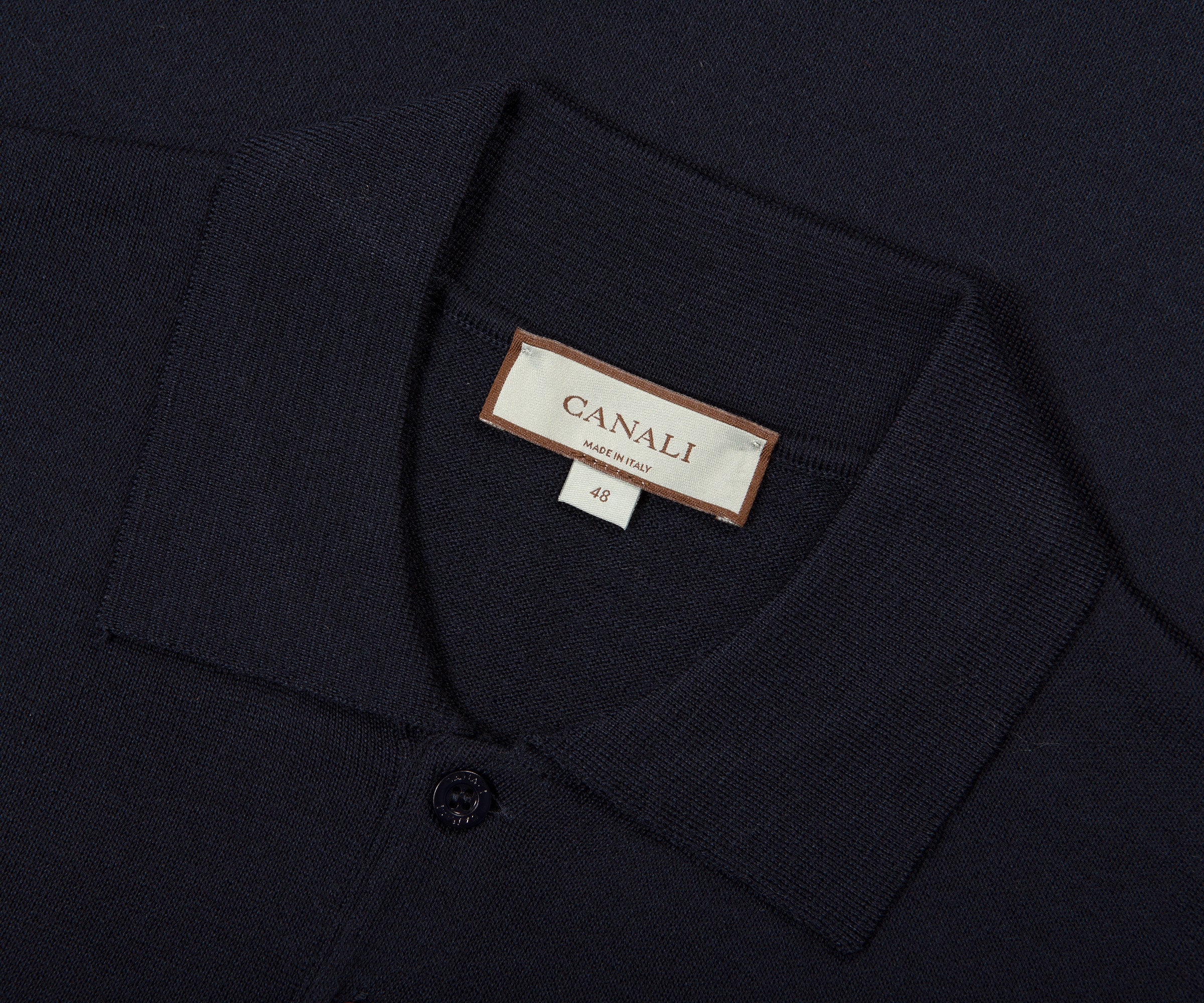 Canali Merino Wool Knitted Long Sleeve Polo Navy
