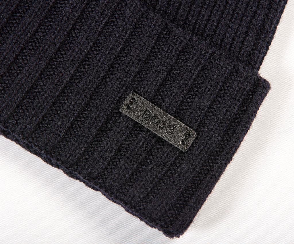HUGO BOSS Fati Ribbed Beanie Hat Dark Blue