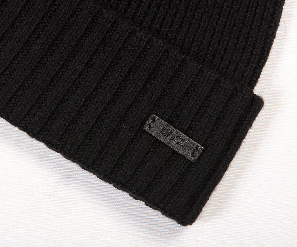 HUGO BOSS Fati Ribbed Beanie Hat Black