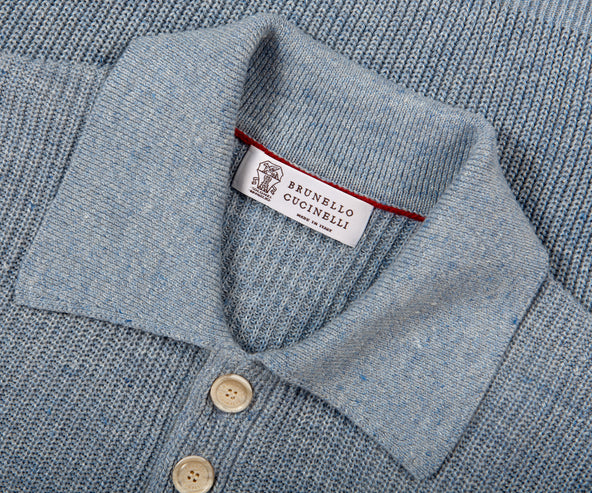 BRUNELLO CUCINELLI Ribbed Large Buttoned Polo Sky Blue