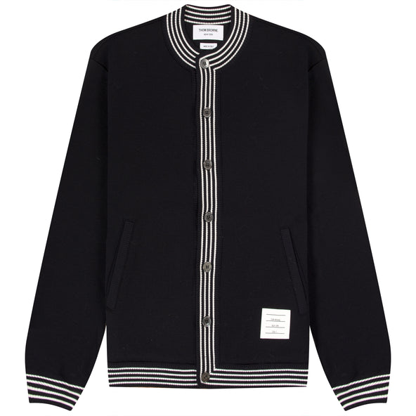 Thom Browne Funnel Neck Stripe Trim Wool Cardigan Navy