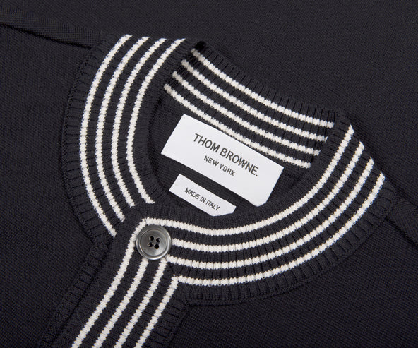 Thom Browne Funnel Neck Stripe Trim Wool Cardigan Navy