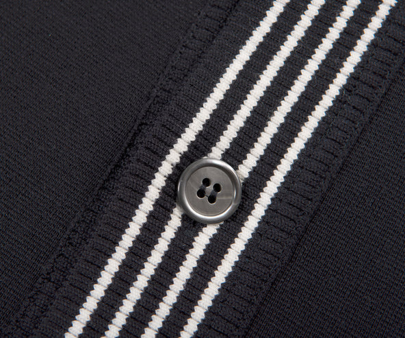 Thom Browne Funnel Neck Stripe Trim Wool Cardigan Navy