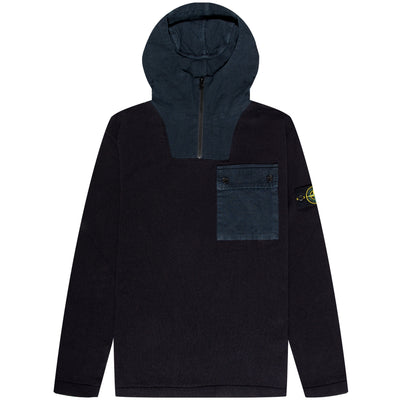 Stone Island 1/4 Zip Mixed Linen Hooded Knit Navy
