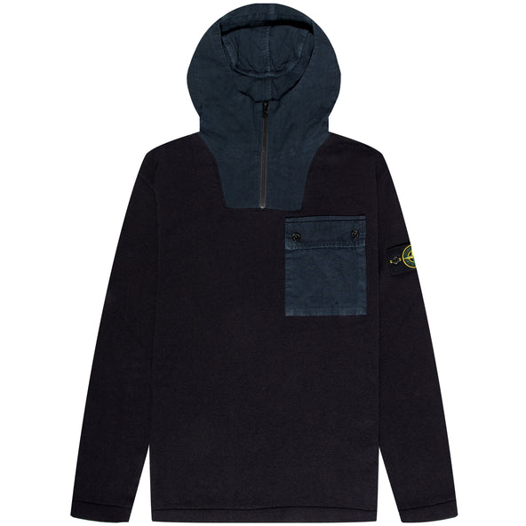 Stone Island 1/4 Zip Mixed Linen Hooded Knit Navy