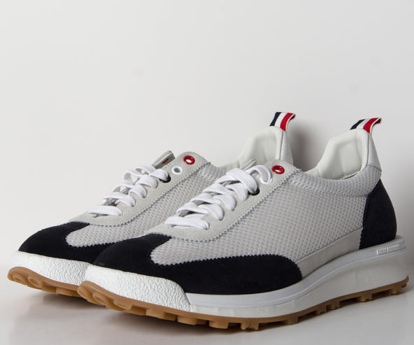 Thom Browne Fine Kid Suede Tech Runner Trainers Navy/White