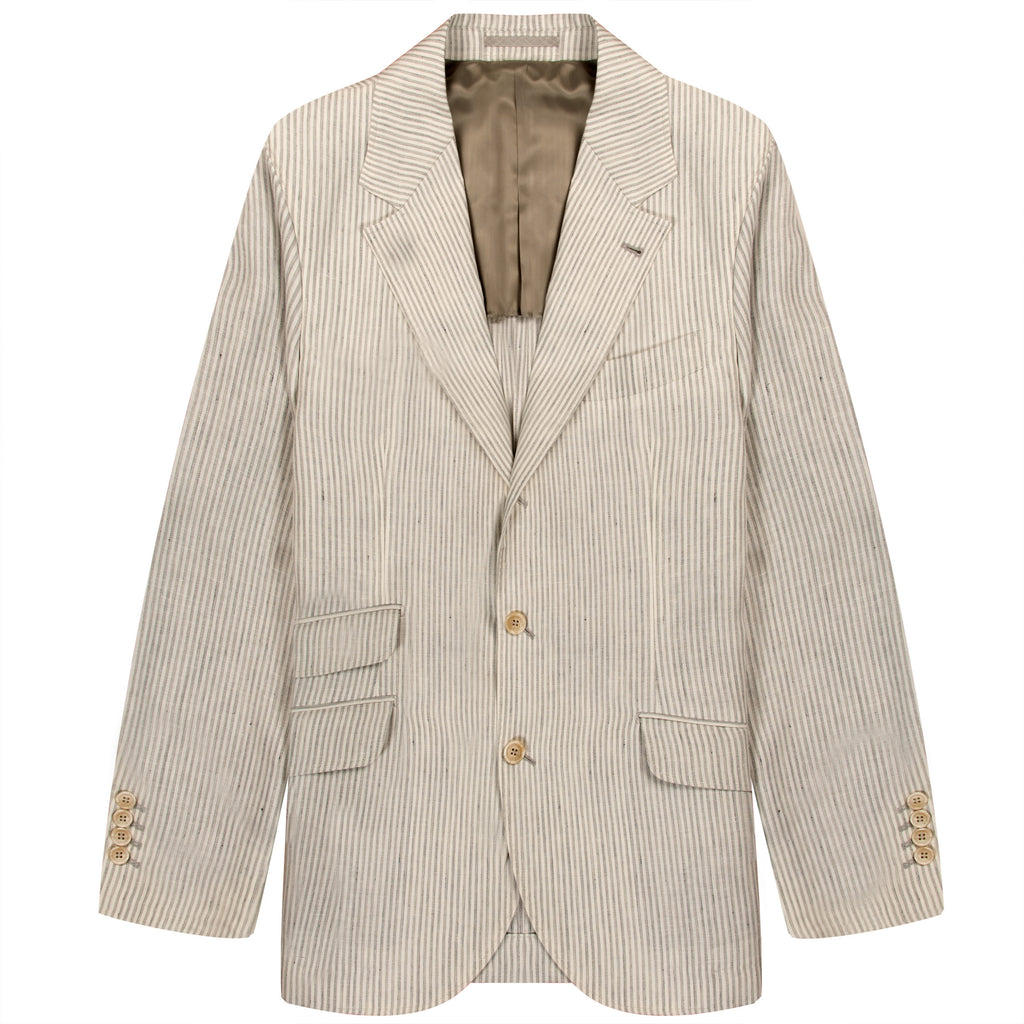 BRUNELLO CUCINELLI Striped Linen Batavia Deconstructed Cavallo Blazer White