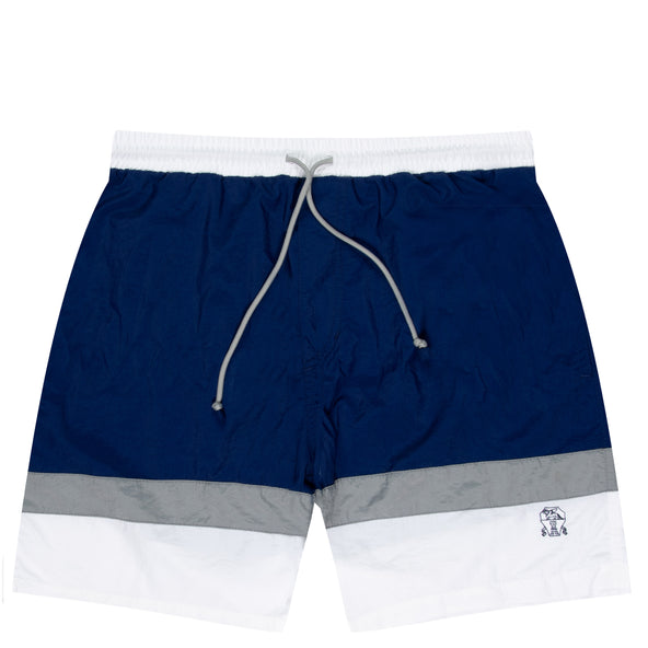 BRUNELLO CUCINELLI Paneled Striped Swim Shorts Blue