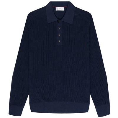 BRUNELLO CUCINELLI Cotton Textured Rib Knit Polo Navy