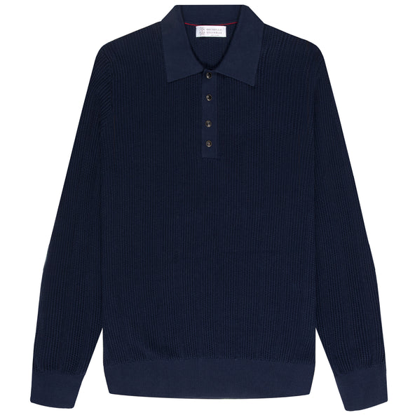BRUNELLO CUCINELLI Cotton Textured Rib Knit Polo Navy