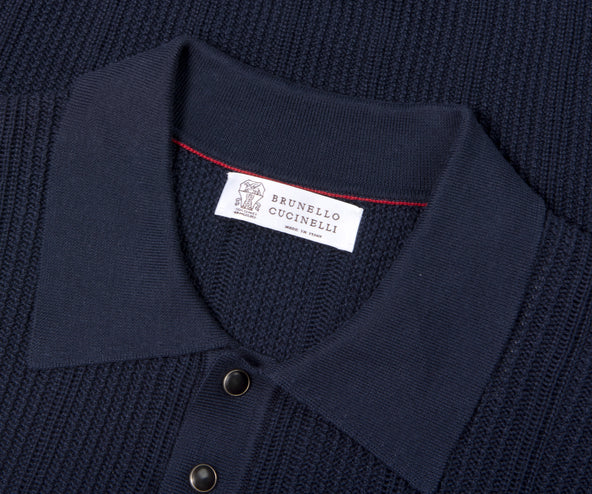 BRUNELLO CUCINELLI Cotton Textured Rib Knit Polo Navy