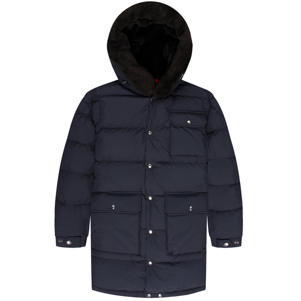 Moncler Rowan Long Down Jacket With Fluffy Hood Navy