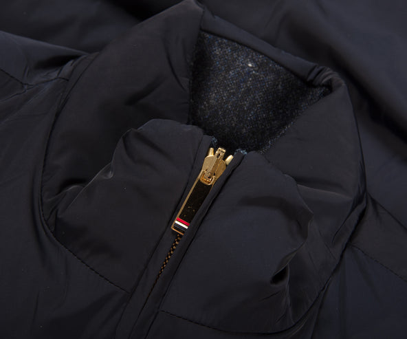 Thom Browne 4-Bar Reversible Donegal Tweed Funnel Neck Jacket Navy