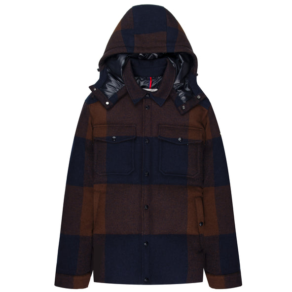 Moncler Ladrns Giubbotto Checked Hooded Wool Down Shirt Navy/Brown