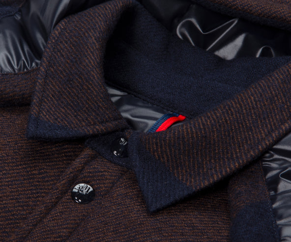 Moncler Ladrns Giubbotto Checked Hooded Wool Down Shirt Navy/Brown