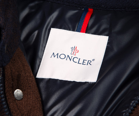 Moncler Ladrns Giubbotto Checked Hooded Wool Down Shirt Navy/Brown