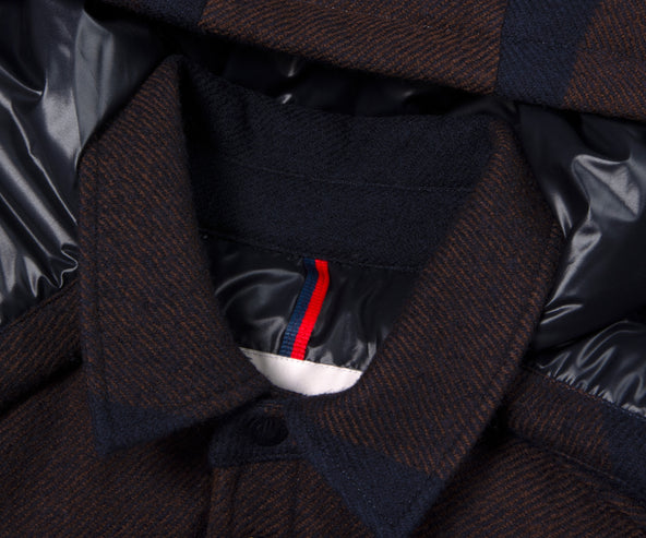 Moncler Ladrns Giubbotto Checked Hooded Wool Down Shirt Navy/Brown