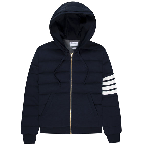 Thom Browne Merino Wool Jersey Stitch Padded 4-Bar Zip up Hooded Jacket Navy